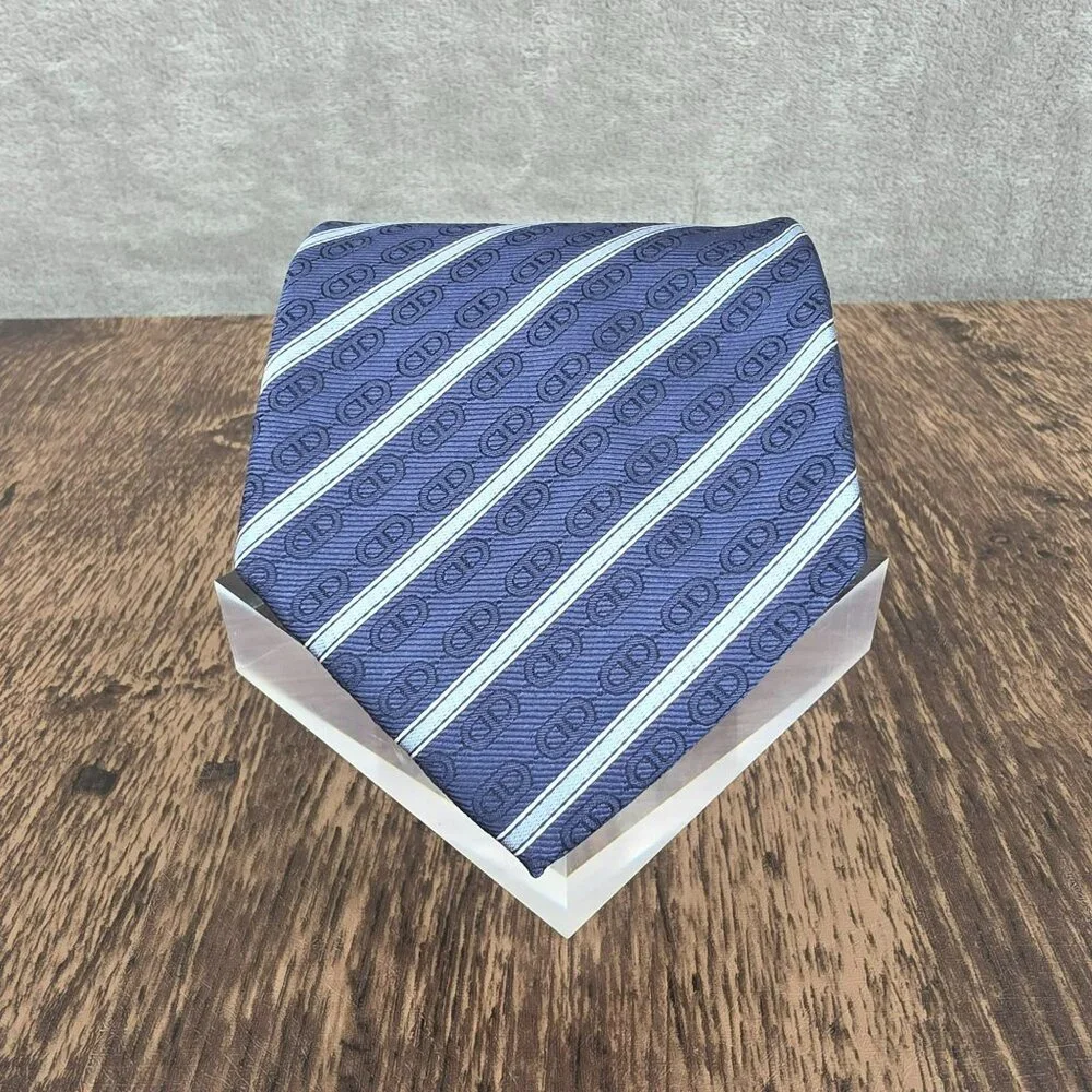 Celine Neck Tie 100% Silk Blue Striped Chain Designer Italian Quality Corpcore